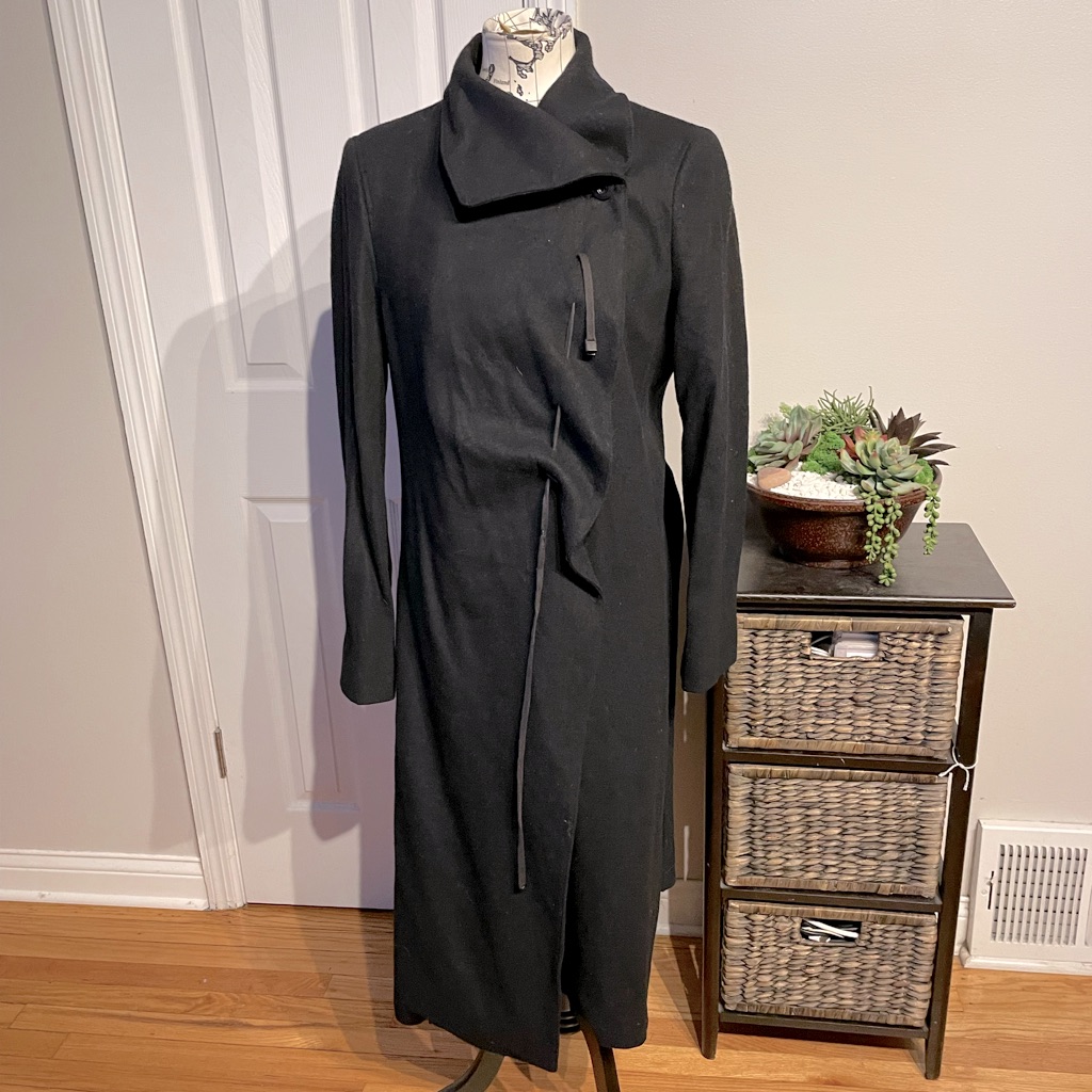Maxazaria Collection Wool Ruched Belt Rob Kimono One Button Wrap Draped Runaway